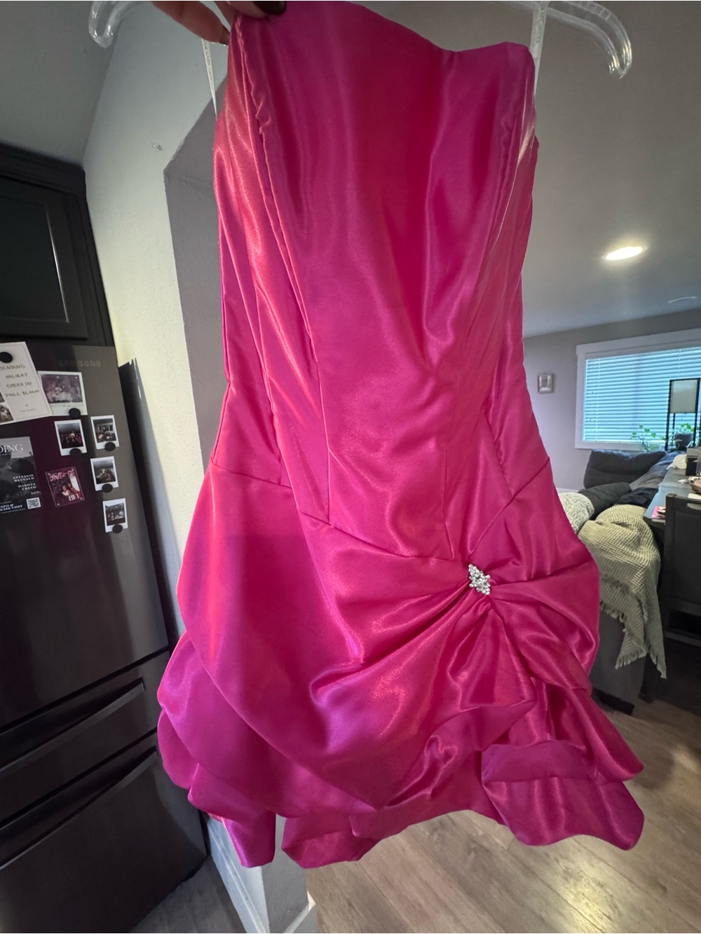 Hot Pink Satin Strapless Party Dress with Rhinestone Detail